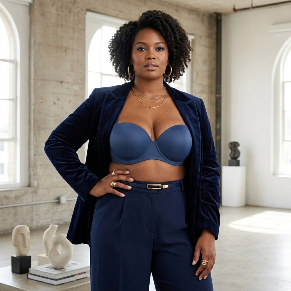 Model in 25mm51-55 series bra with 1/2 cup fabric cups and fabric wings
